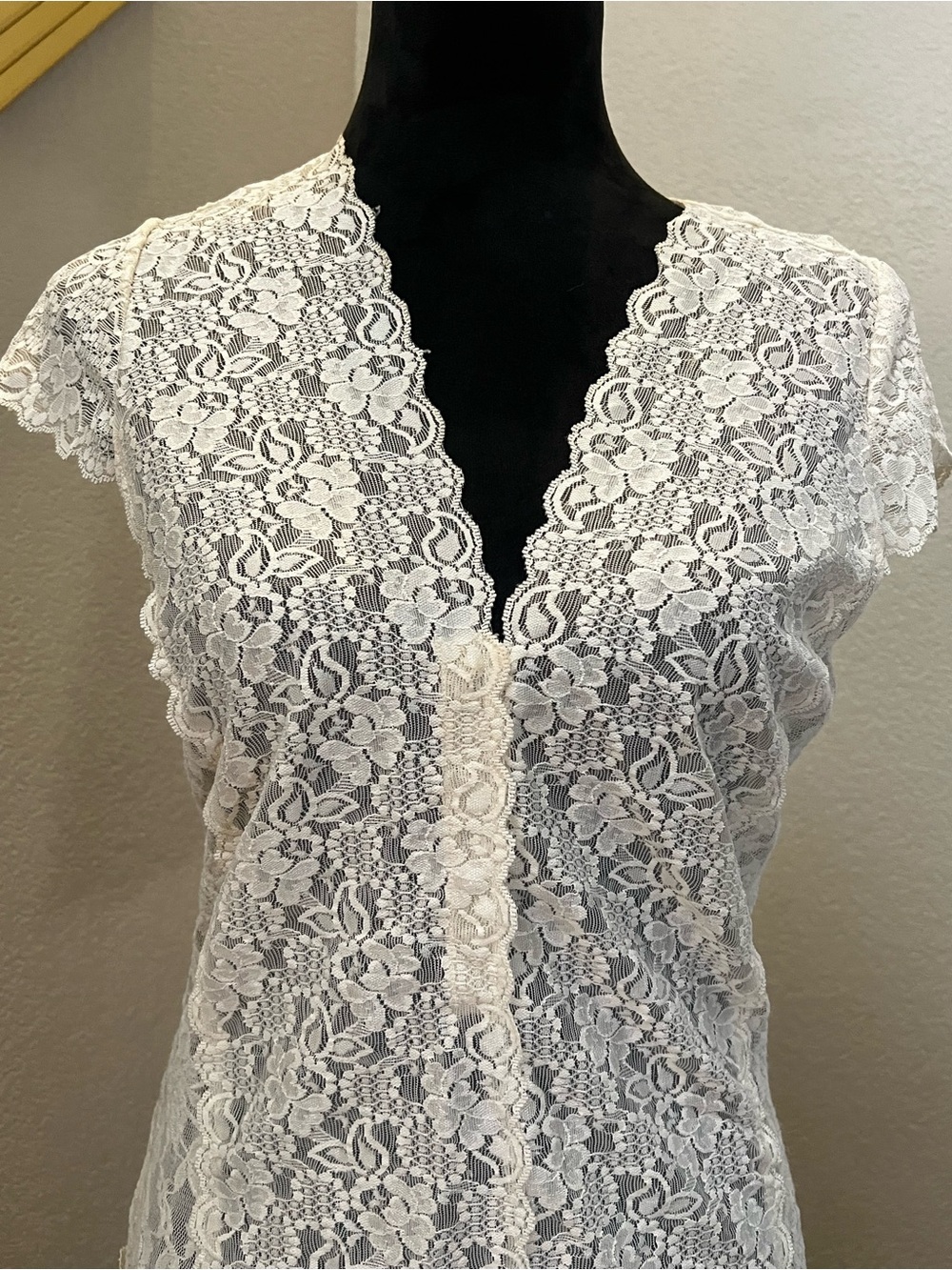 CABI - Ivory Floral Lace V-Neck Top, M